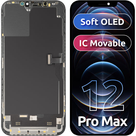 MP érintőképernyős kijelző kompatibilis az Apple iPhone 12 Pro Max-szal, kerettel, mozgatható IC-vel ellátott Soft OLED FHD verzió, Fekete