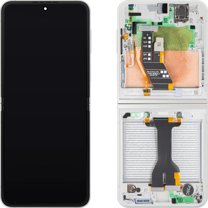 Samsung Galaxy Z Flip6 F741 kijelző érintőképernyővel, kerettel, belső alrésszel, fehér, Service Pack GH82-35014F