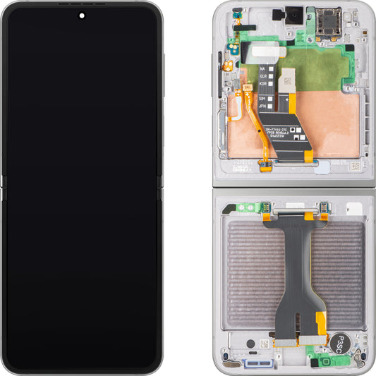 Samsung Galaxy Z Flip6 F741 kijelző érintőképernyővel, kerettel, belső alrésszel, ezüst (Silver Shadow), szervizcsomag GH82-35013A