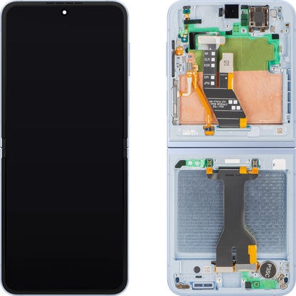 Samsung Galaxy Z Flip6 F741 kijelző érintőképernyővel, kerettel, belső alrésszel, kék, szervizcsomag GH82-35014C
