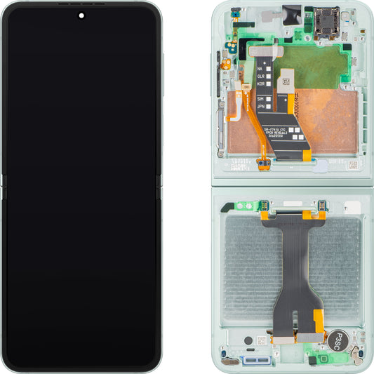 Samsung Galaxy Z Flip6 F741 kijelző érintőképernyővel, kerettel, belső alrésszel, menta zöld (Mint), szervizcsomag GH82-35014D