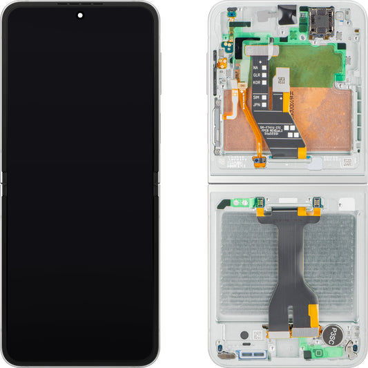 Samsung Galaxy Z Flip7 FE F761 kijelző érintőképernyővel, kerettel, belső alrésszel, fehér, szervizcsomag GH82-37734B