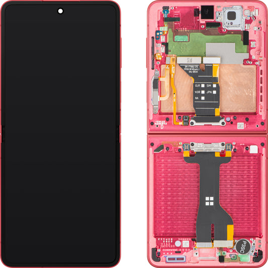 Samsung Galaxy Z Flip7 F766 érintőképernyős kijelző, kerettel, belső alkatrésszel, korall (korallpiros), Service Pack GH82-37581D