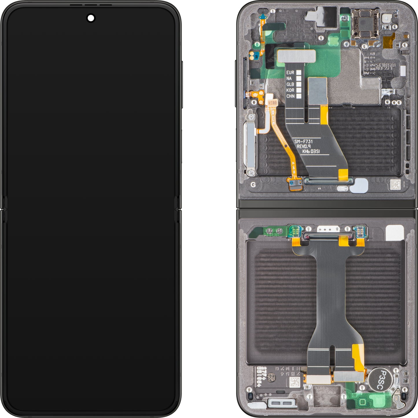Samsung Galaxy Z Flip5 F731 kijelző érintőképernyővel, kerettel, belső alrésszel, szürke, szervizcsomag GH82-31827E