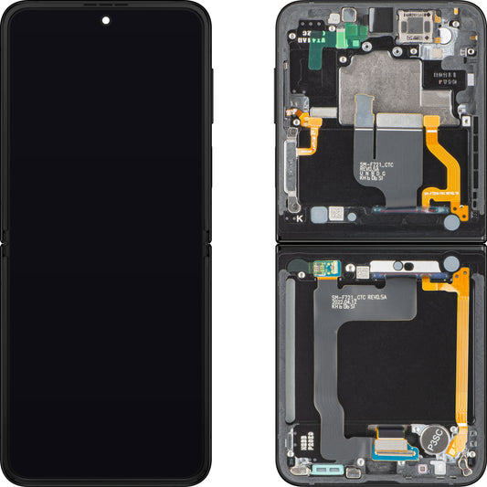 Samsung Galaxy Z Flip4 F721 érintőképernyős kijelző, kerettel, belső alkatrésszel, fekete, Service Pack GH82-29440E