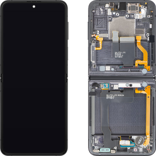 Samsung Galaxy Z Flip4 F721 érintőképernyős kijelző, kerettel, belső alkatrésszel, szürke (Graphite), Service Pack GH82-30238A