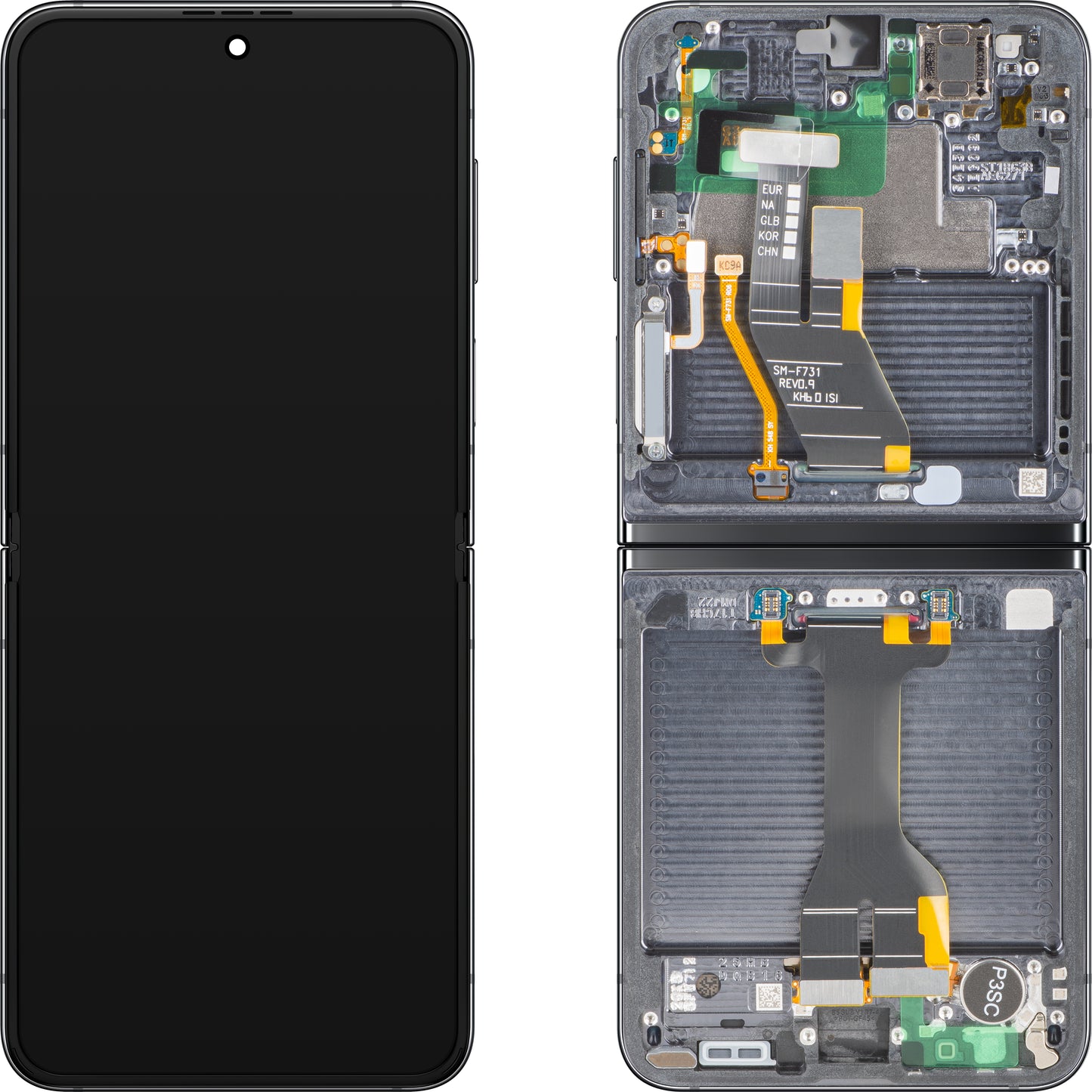 Samsung Galaxy Z Flip5 F731 kijelző érintőképernyővel, kerettel, belső alrésszel, szürke (grafit), szervizcsomag GH82-31827A