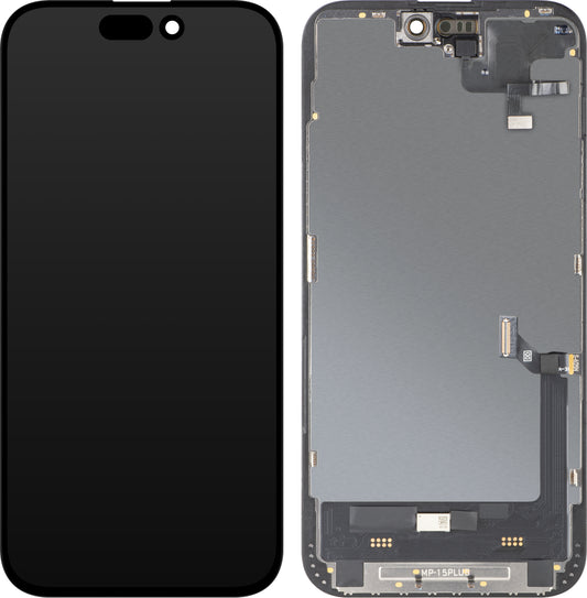 MP érintőképernyős és közelségérzékelős kijelző Apple iPhone 15 Plus kompatibilis, kerettel, OLED FHD diagnosztikai szoftververzió, fekete