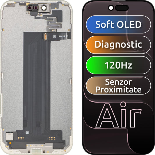 Érintőképernyős kijelző és fényközelségérzékelő MP kompatibilis az Apple iPhone 17 Air készülékkel, kerettel, OLED FHD 120Hz diagnosztikai szoftververzió, fekete