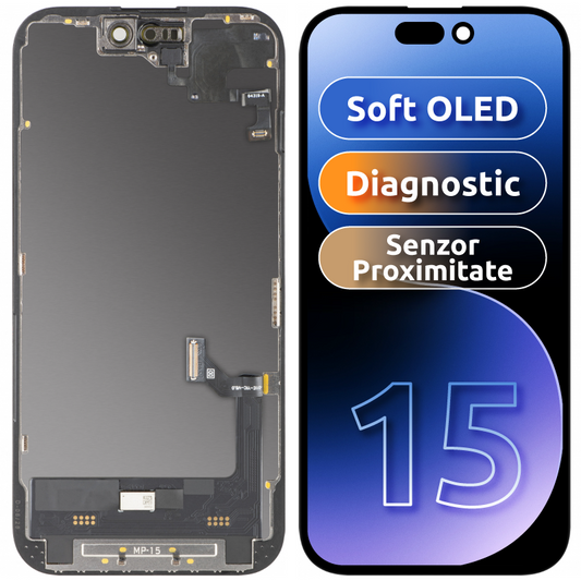 MP érintőképernyős és közelségérzékelős kijelző Apple iPhone 15 kompatibilis, kerettel, OLED FHD diagnosztikai szoftververzió, fekete