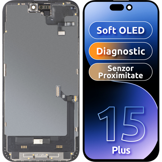 MP érintőképernyős és közelségérzékelős kijelző Apple iPhone 15 Plus kompatibilis, kerettel, OLED FHD diagnosztikai szoftververzió, fekete