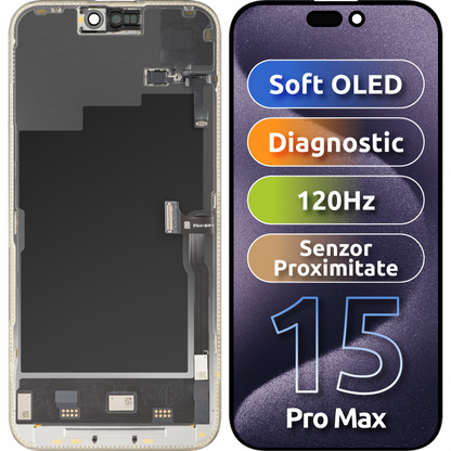 Touchscreen Display with Proximity Sensor MP compatible with Apple iPhone 15 Pro Max, with Frame, OLED FHD 120Hz Diagnostic Soft Version, Black
