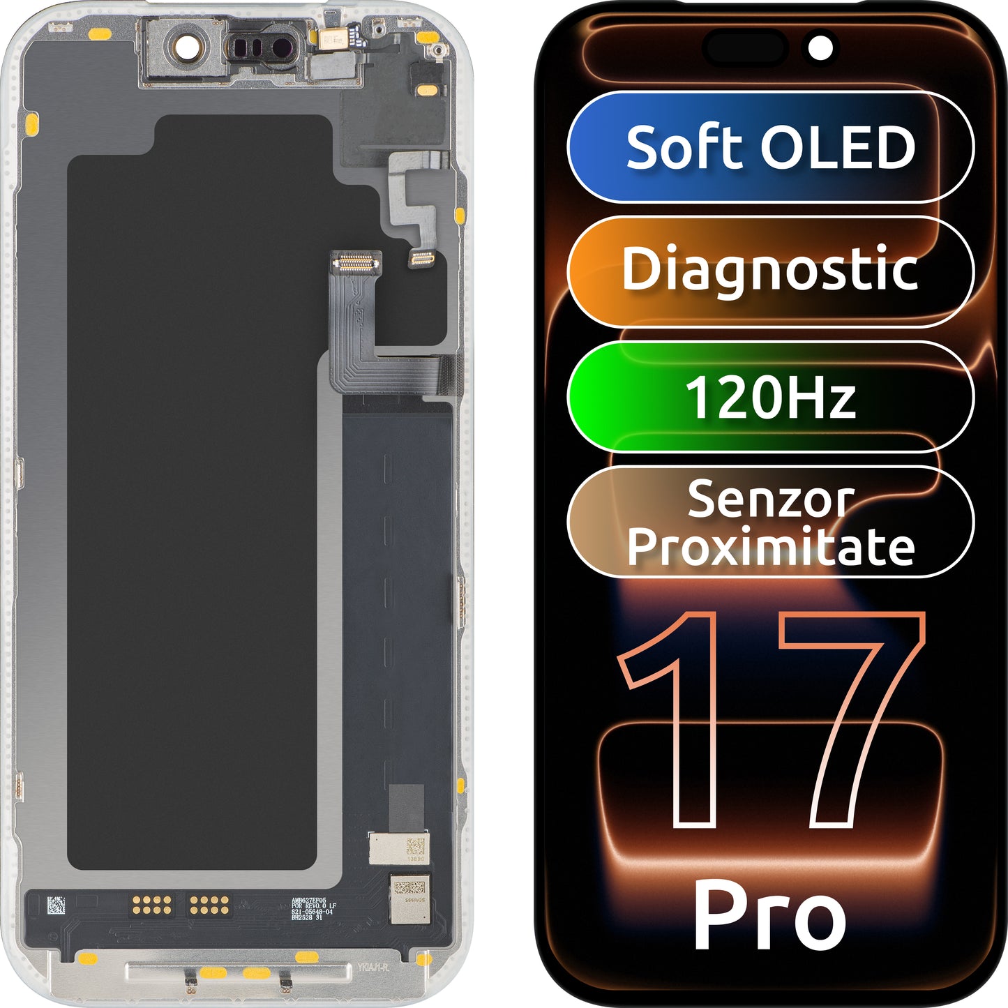 Érintőképernyős kijelző és fényközelségérzékelő MP kompatibilis az Apple iPhone 17 Pro készülékkel, kerettel, OLED FHD 120Hz diagnosztikai szoftververzió, fekete
