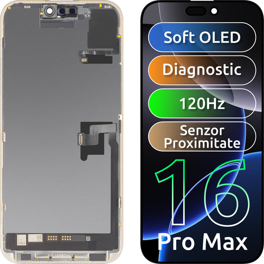 MP érintőképernyős és közelségérzékelős kijelző Apple iPhone 16 Pro Max kompatibilis, kerettel, OLED FHD 120Hz diagnosztikai szoftver verzió, fekete