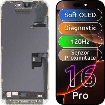 Érintőképernyős kijelző és fényközelségérzékelő MP kompatibilis az Apple iPhone 16 Pro készülékkel, kerettel, OLED FHD 120Hz diagnosztikai szoftververzió, fekete