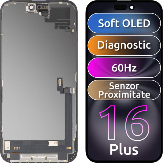 MP érintőképernyős és közelségérzékelős kijelző Apple iPhone 16 Plus kompatibilis, kerettel, OLED FHD diagnosztikai szoftververzió, fekete