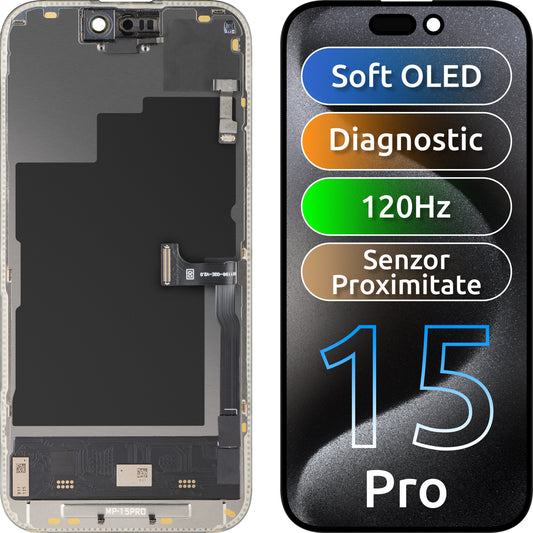 MP érintőképernyős és közelségérzékelős kijelző kompatibilis az Apple iPhone 15 Pro készülékkel, kerettel, OLED FHD 120Hz diagnosztikai szoftververzió, fekete