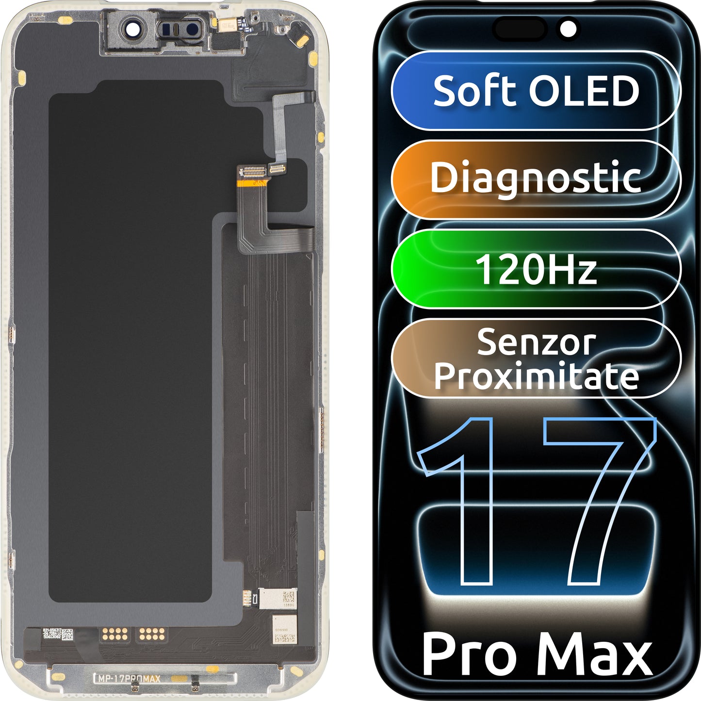MP érintőképernyős és fényközelségérzékelős kijelző Apple iPhone 17 Pro Max kompatibilis, kerettel, OLED FHD 120Hz diagnosztikai szoftververzió, fekete