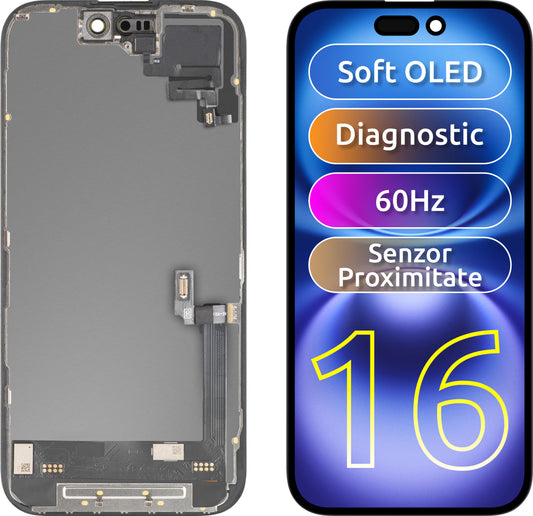 Érintőképernyős kijelző és közelségérzékelő MP kompatibilis Apple iPhone 16-hoz, kerettel, OLED FHD diagnosztikai szoftververzió, fekete