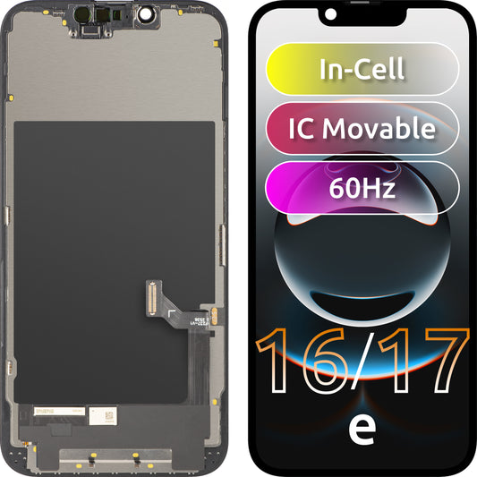 ZY érintőképernyős kijelző Apple iPhone 17e / 16e készülékhez, kerettel, LCD In-Cell IC mozgatható verzió, fekete