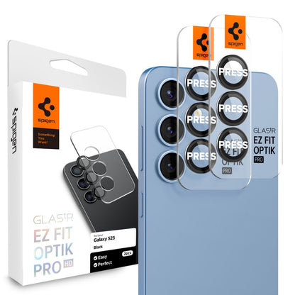 Hátsó kamera védőfólia Spigen GlastR EZ FIT Optik Pro HD Samsung Galaxy S25 S931-hez, Edzett üveg, 2 darabos készlet, Fekete AGL09092