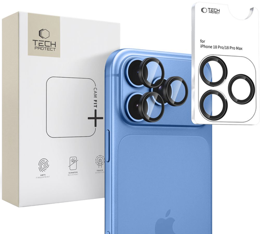Tech-Protect CamRing Fit+ hátlapi kamera védőfólia Apple iPhone 18 Pro / 18 Pro Max készülékhez, edzett üveg, fekete