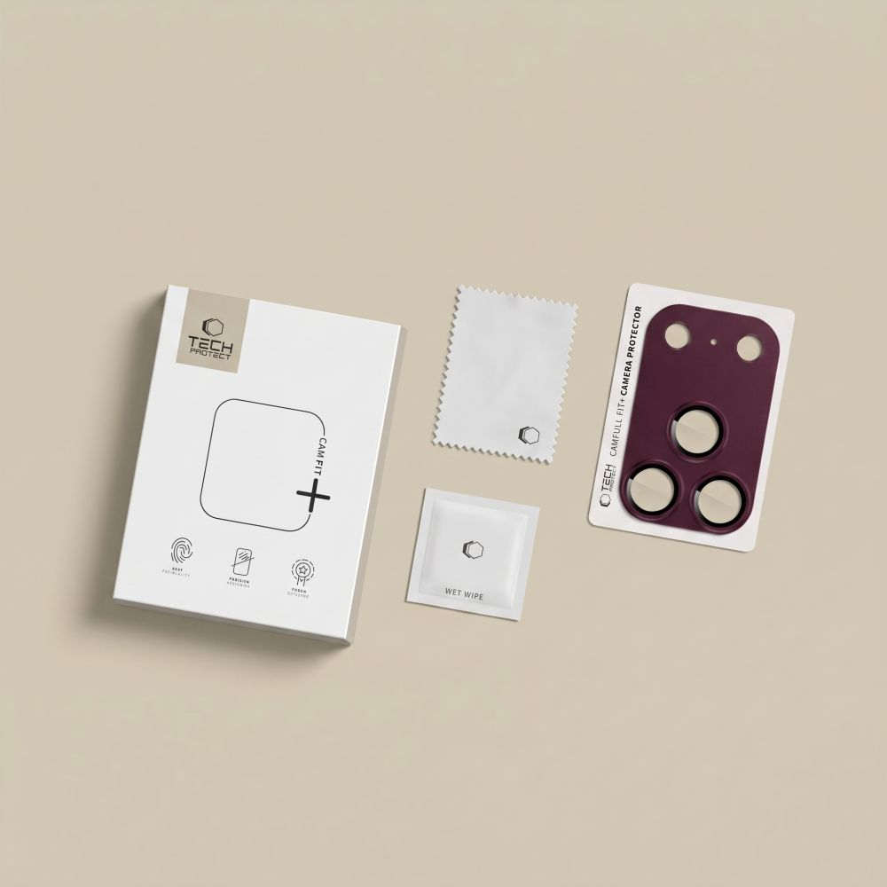 Tech-Protect CamFull Fit+ hátlapi kamera védőfólia Apple iPhone 18 Pro-hoz, edzett üveg, bordó