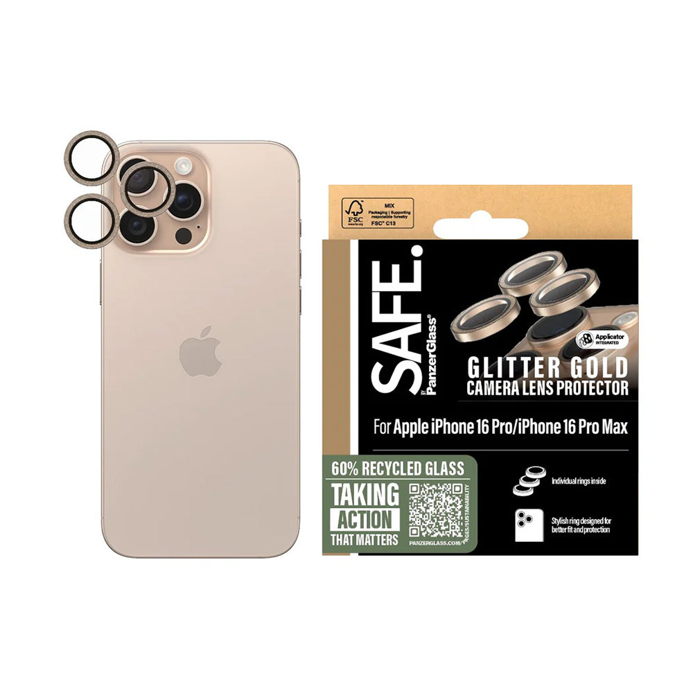 PanzerGlass Safe hátsó kamera védőfólia. Glitter az Apple iPhone 16 Pro Max / 16 Pro készülékekhez, Edzett üveg, Arany színű