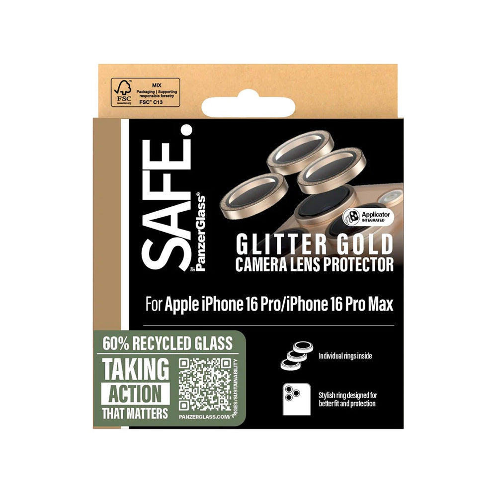 PanzerGlass Safe hátsó kamera védőfólia. Glitter az Apple iPhone 16 Pro Max / 16 Pro készülékekhez, Edzett üveg, Arany színű