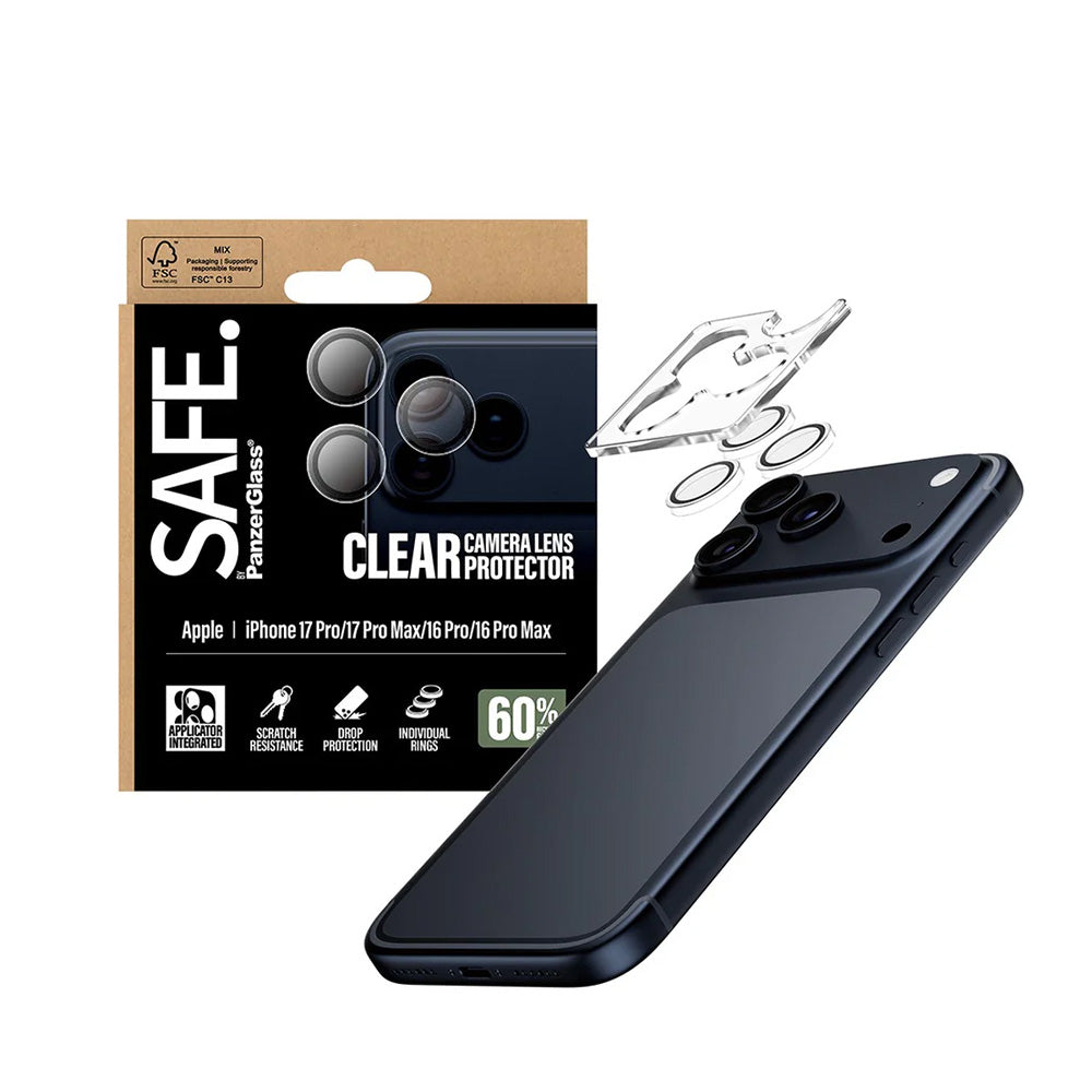 PanzerGlass Safe hátsó kamera védőfólia. Apple iPhone 17 Pro Max / 17 Pro / 16 Pro Max / 16 Pro készülékekhez, Edzett üveg, Átlátszó