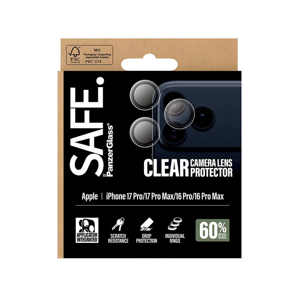 PanzerGlass Safe hátsó kamera védőfólia. Apple iPhone 17 Pro Max / 17 Pro / 16 Pro Max / 16 Pro készülékekhez, Edzett üveg, Átlátszó