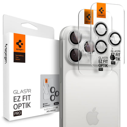 Hátsó kamera védőfólia Spigen GlastR EZ FIT Optik Pro Apple iPhone 17 Pro Max / 17 Pro készülékhez, Edzett üveg, 2 darabos készlet, Ezüst színű