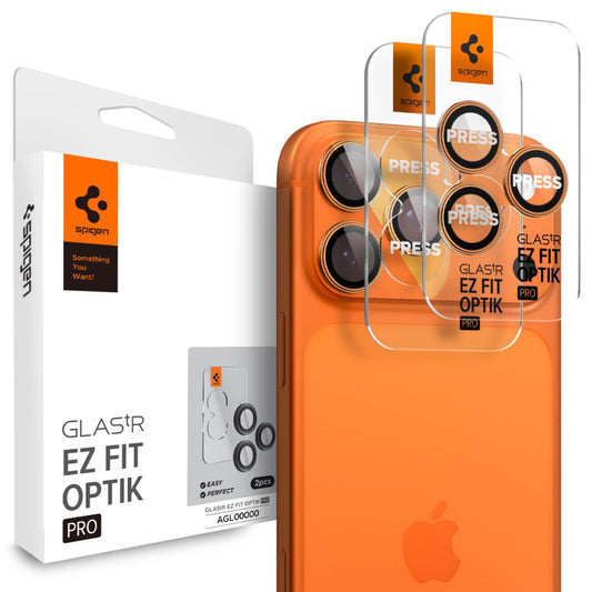 Spigen GlastR EZ FIT Optik Pro hátsó kamera védőfólia Apple iPhone 17 Pro Max / 17 Pro készülékhez, Edzett üveg, 2 darabos készlet, Narancssárga