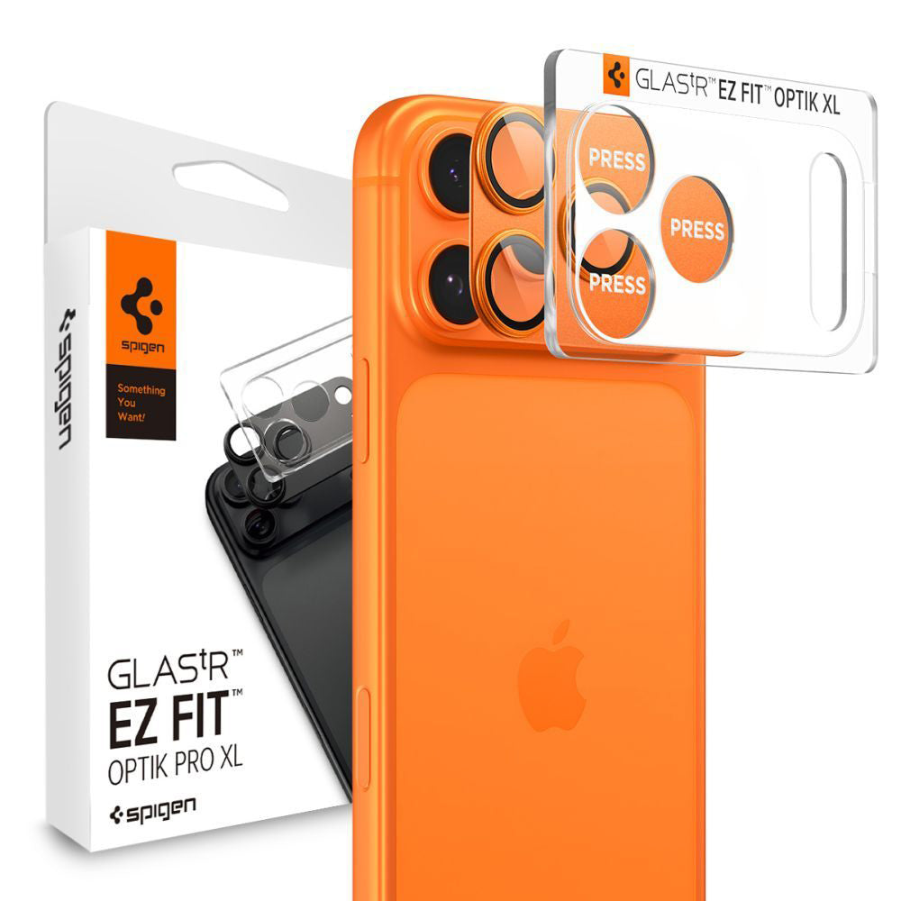 Védőfólia Spigen GlastR EZ FIT Optik Pro Apple iPhone 17 Pro Max hátsó kamerájához, Edzett üveg, 2 darabos készlet, Narancssárga AGL10650