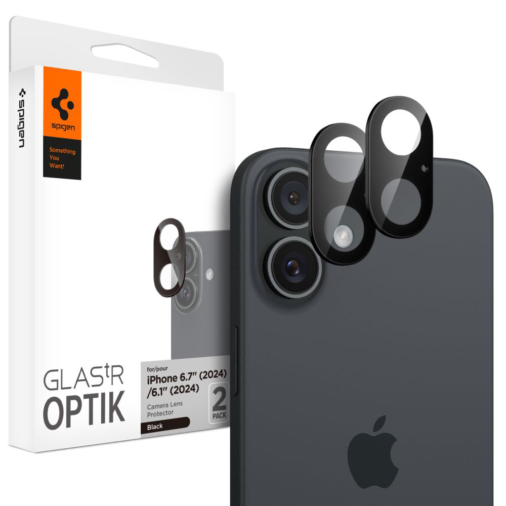 Védőfólia Spigen GlastR Optik hátsó kamera számára Apple iPhone 16 Plus / 16, Edzett üveg, 2 darabos készlet, Fekete AGL07922