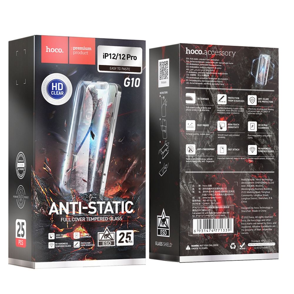 HOCO védőfólia Apple iPhone 12 Pro Max készülékhez, Edzett üveg, Teljes ragasztás, 25 darabos készlet, Fekete