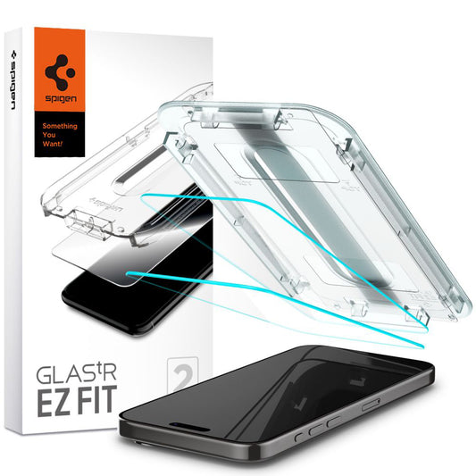 Spigen GlastR EZ FIT védőfólia Apple iPhone 15 Pro Max készülékhez, Edzett üveg, Teljes ragasztás, 2 darabos készlet AGL06872