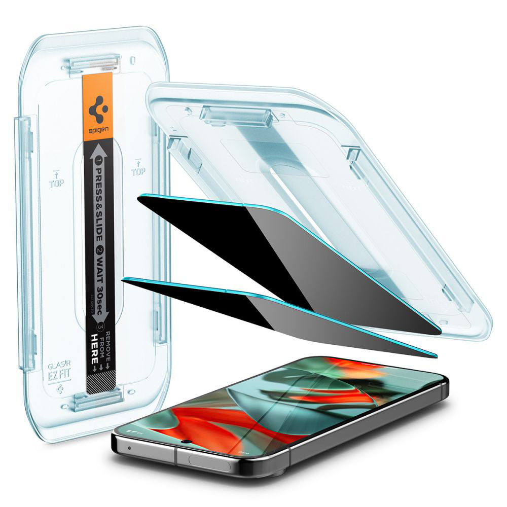 Spigen GlastR EZ FIT Privacy képernyővédő fólia Google Pixel 9 Pro XL-hez, edzett üveg, teljes ragasztó, 2 darabos készlet AGL09313