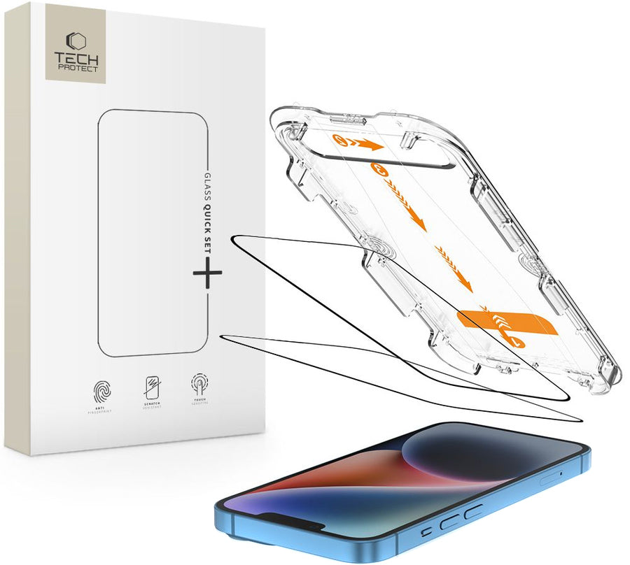 Tech-Protect Quick Set+ védőfólia Apple iPhone 17e / 16e / 14 / 13 Pro készülékekhez, Edzett üveg, Teljes ragasztás, 2 darabos készlet, Fekete