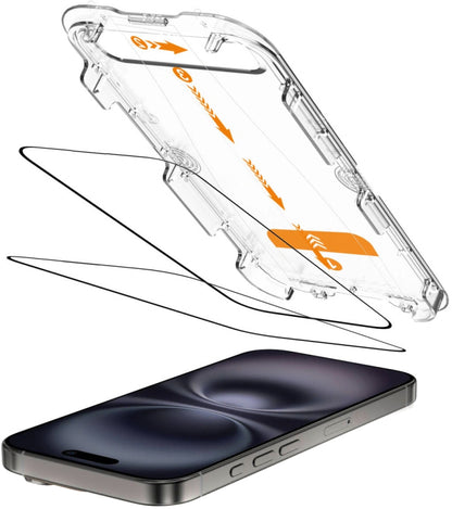 Tech-Protect Quick Set+ védőfólia Apple iPhone 16 / 15 készülékhez, Edzett üveg, Teljes ragasztás, 2 darabos készlet, Fekete