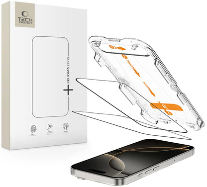 Tech-Protect Quick Set+ védőfólia Apple iPhone 16 Pro-hoz, Edzett üveg, Teljes ragasztás, 2 darabos készlet, Fekete