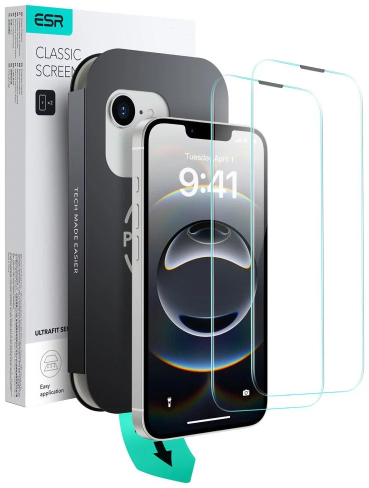 ESR Ultrafit képernyővédő fólia Apple iPhone 17e / 16e / 14 / 13 Pro készülékekhez, Edzett üveg, Teljes ragasztás, 2 darabos készlet