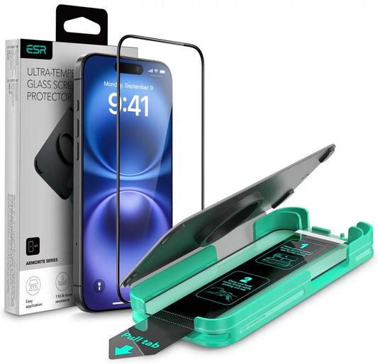 ESR Armorite képernyővédő fólia Apple iPhone 16 Pro-hoz, Edzett üveg, Teljes ragasztás, Fekete