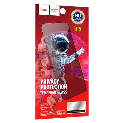 Privacy HOCO G15 képernyővédő fólia Apple iPhone 16 Plus / 15 Plus készülékhez, Edzett üveg, Teljes ragasztás, 5D