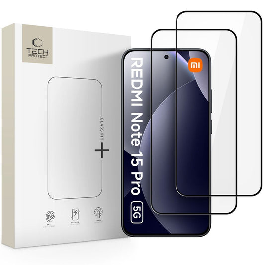 Tech-Protect FIT+ védőfólia Xiaomi Redmi Note 15 Pro 5G-hez, Edzett üveg, Teljes ragasztás, 2 darabos készlet, 2.5D, Fekete