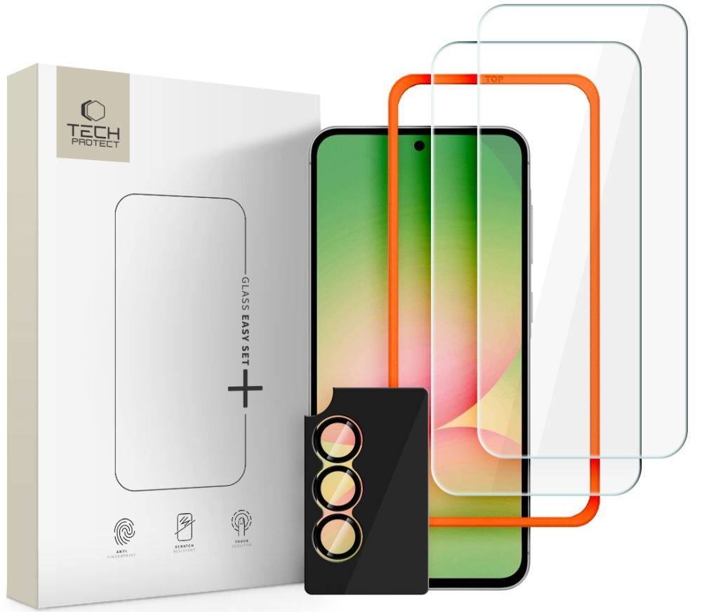 Tech-Protect Quick Set+ védőfólia a Samsung Galaxy A57 5G kijelzőjére és hátsó kamerájára, Edzett üveg, Teljes ragasztás, 3 darabos készlet