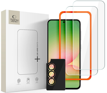 Tech-Protect Quick Set+ védőfólia a Samsung Galaxy A57 5G kijelzőjére és hátsó kamerájára, Edzett üveg, Teljes ragasztás, 3 darabos készlet