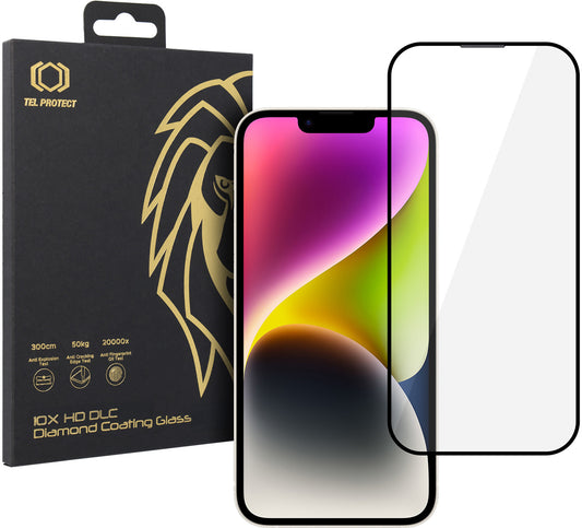 Tel Protect 10X HD DLC Diamond Coating képernyővédő fólia Apple iPhone 17e / 16e / 14 / 13 Pro / 13 készülékhez, edzett üveg, teljes felületén ragasztós, fekete