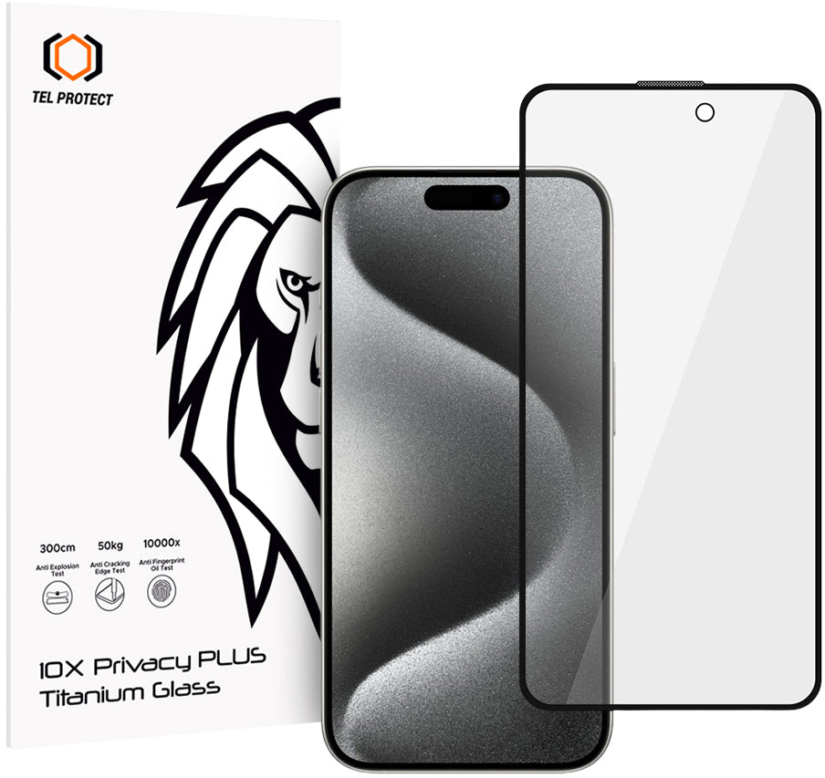 Tel Protect 10X Plus Titanium adatvédő kijelzővédő fólia Apple iPhone 17 / 16 Pro készülékhez, edzett üveg, teljes felületén tapadó ragasztóval
