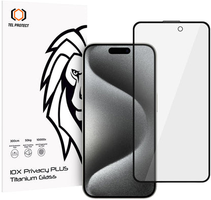 Tel Protect 10X Plus Titanium adatvédő kijelzővédő fólia Apple iPhone 17 / 16 Pro készülékhez, edzett üveg, teljes felületén tapadó ragasztóval